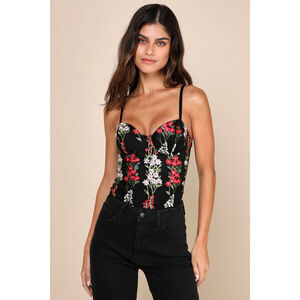 Lulus Essence Of Elegance Black Embroidered Bustier Bodysuit - Size L